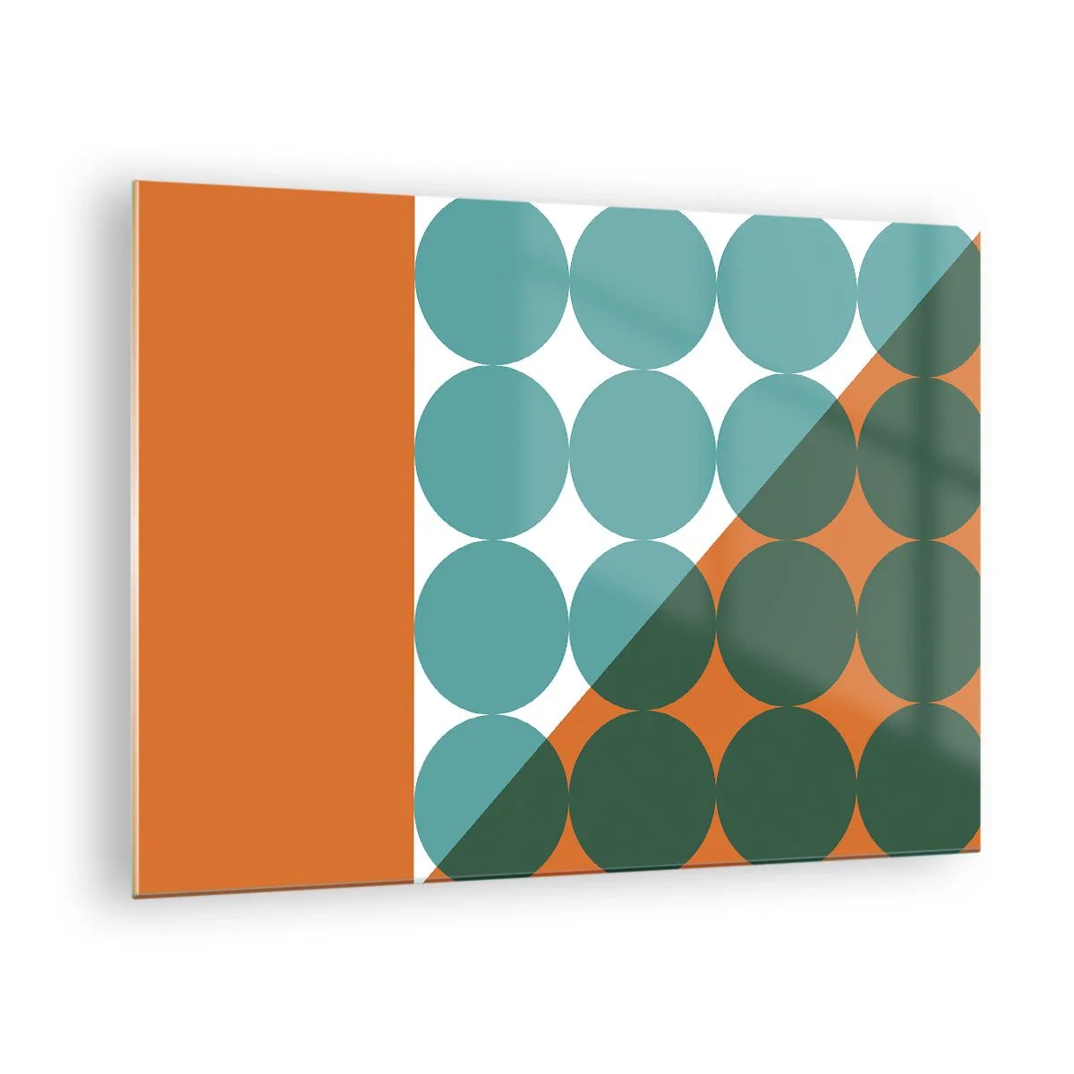 Tablou pe sticlă - Compoziție geometrică abstractă cu cercuri și un triunghi - 70x50cm - Sus și pe diagonală - Decorațiune modernă pentru perete pentru living și dormitor ARTTOR