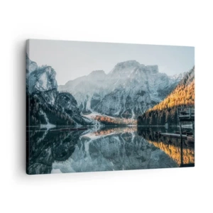 Tablou pe pânză Canvas - Un peisaj montan reflectat în suprafața calmă a unui lac - 70x50cm - Peisaj în oglindă - Decorațiune modernă pentru perete pentru living și dormitor ARTTOR