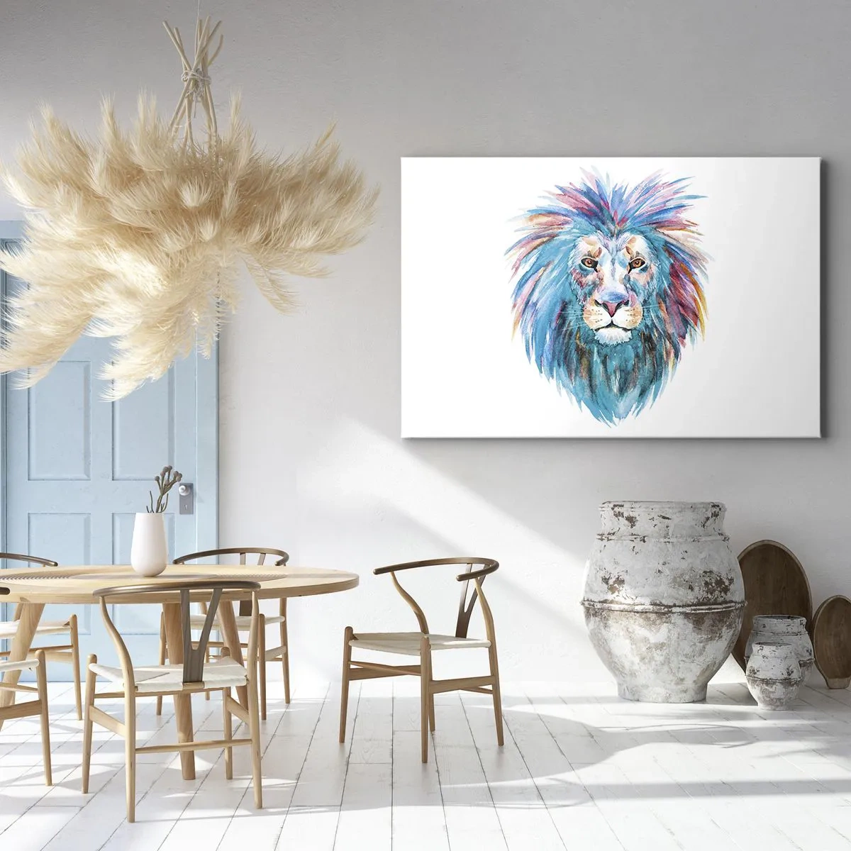 Tablou pe pânză Canvas - Portret în acuarelă al unui leu în culori vii - 70x50cm - Aură electrizantă - Decorațiune modernă pentru perete pentru living și dormitor ARTTOR