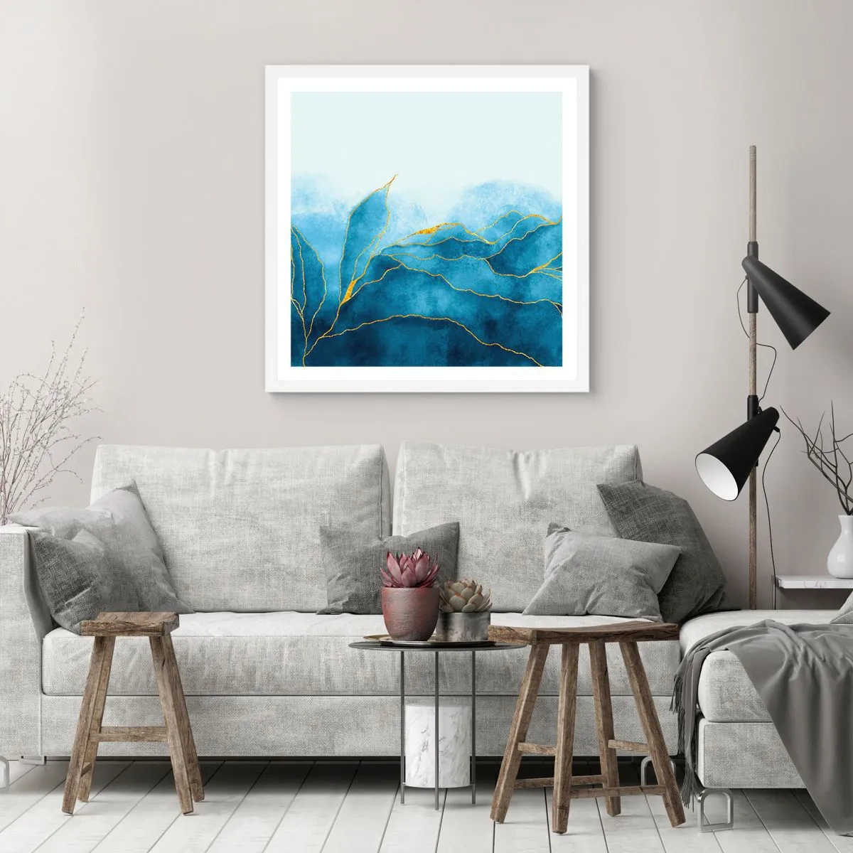 Poster în ramă albă - Albastru în aur - 40x40 cm