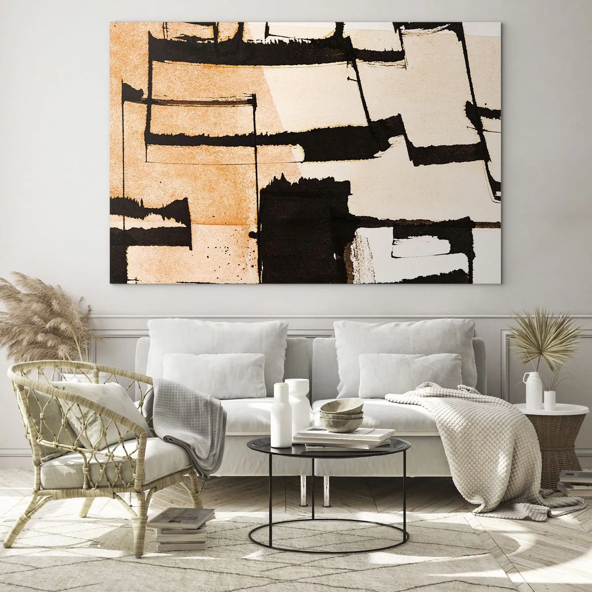Tablou pe sticlă - Abstracție geometrică în nuanțe de bej și negru - 70x50cm - Cu toate acestea, ordinea - Decorațiune modernă pentru perete pentru living și dormitor ARTTOR