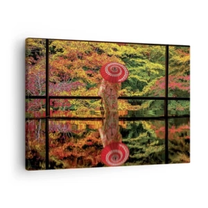 Tablou pe pânză Canvas - O femeie într-un kimono cu o umbrelă pe fundalul unui peisaj de toamnă. - 70x50cm - În templul naturii - Decorațiune modernă pentru perete pentru living și dormitor ARTTOR