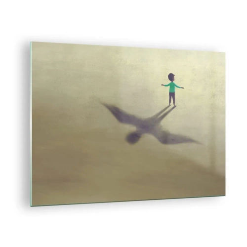 Tablou pe sticlă - Un băiat cu o umbră în formă de pasăre pe un fundal bej - 70x50cm - Eroul viitorului - Decorațiune modernă pentru perete pentru living și dormitor ARTTOR
