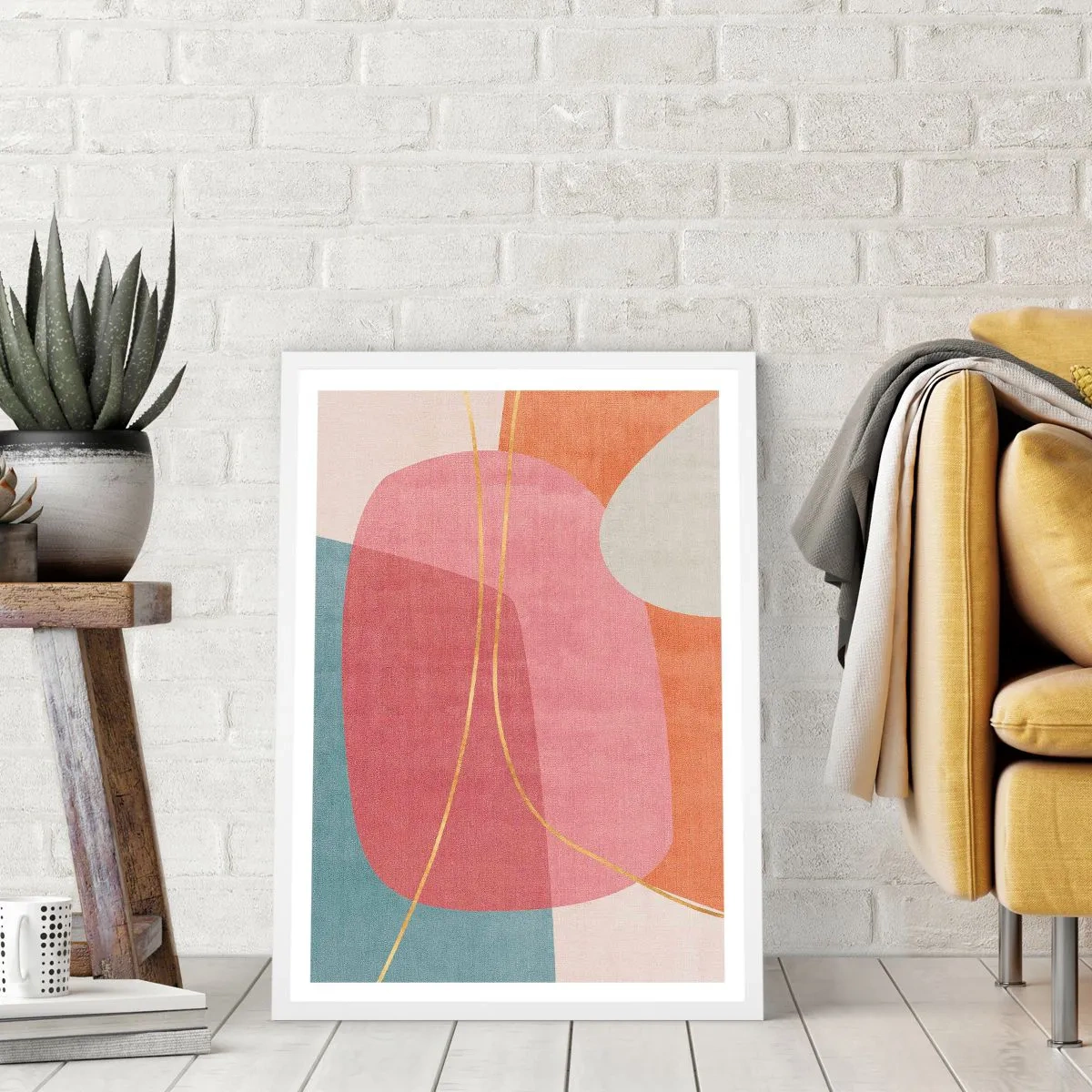 Poster în ramă albă - Compoziție pastel cu fir de aur - 70x100 cm