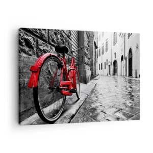Tablou pe pânză Canvas - Bicicletă roșie pe o stradă alb-negru - 70x50cm - Adevărata frumusețe nu îmbătrânește - Decorațiune modernă pentru perete pentru living și dormitor ARTTOR