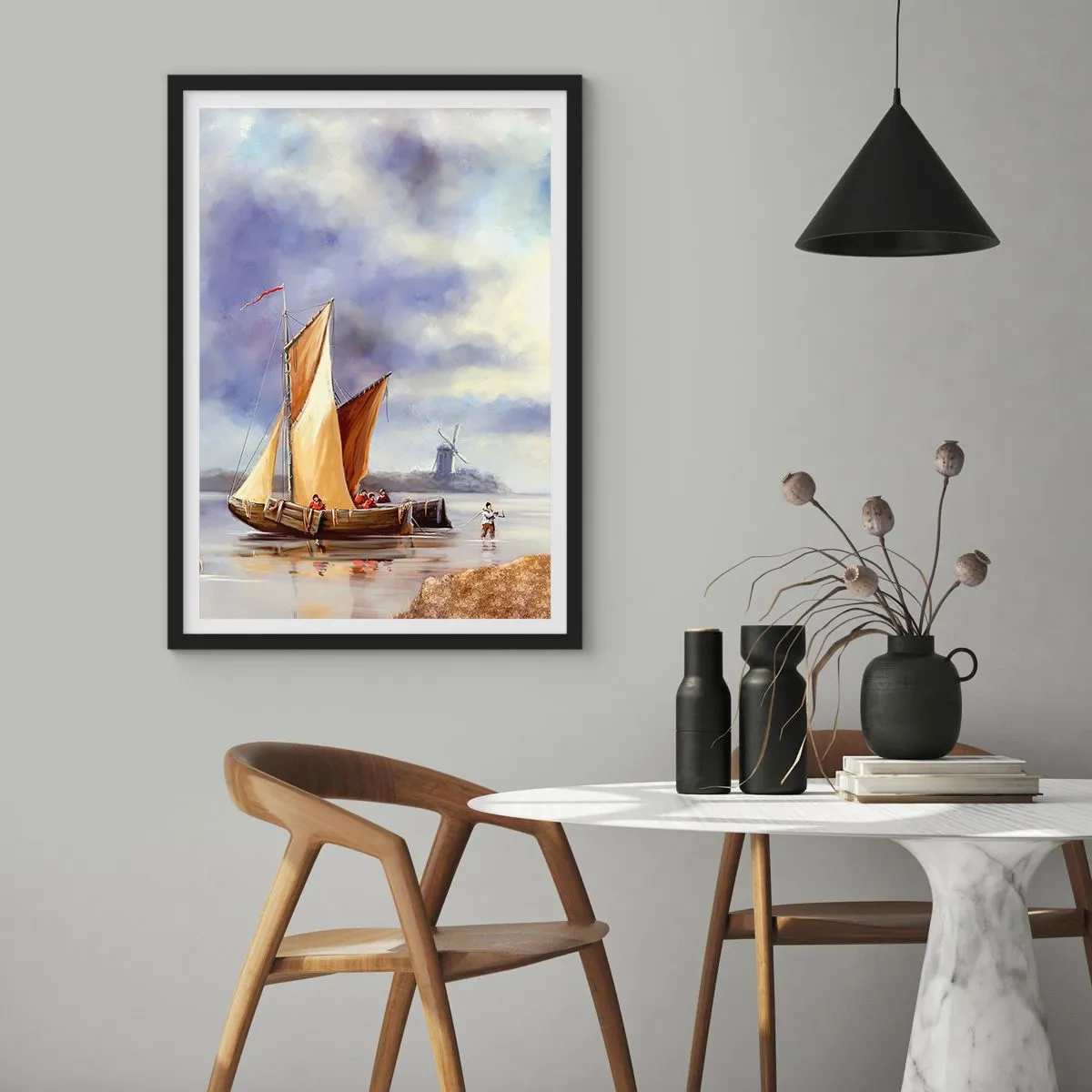 Poster în ramă neagră - O corabie cu pânze la țărm cu o moară de vânt în fundal - 50x70cm - Întoarcerea marinarilor - Decorațiune modernă pentru perete pentru living și dormitor ARTTOR
