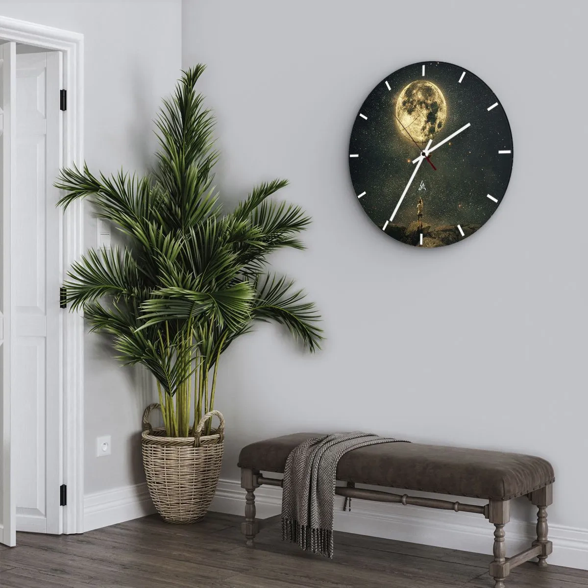 Ceas de perete - Ceas pe sticlă - O persoană pe o stâncă observând luna pe un cer înstelat - 30x30cm - Cel care a furat Luna - Decorațiune modernă pentru perete pentru living, bucătărie și dormitor ARTTOR