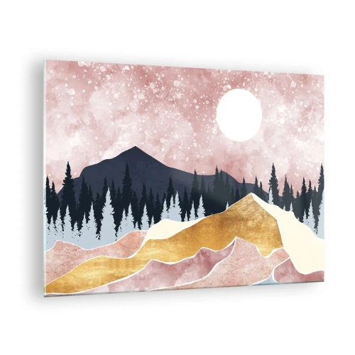 Tablou pe sticlă - Munți și pădure în lumina lunii pe un cer roz - 70x50cm - Garda de noapte - Decorațiune modernă pentru perete pentru living și dormitor ARTTOR