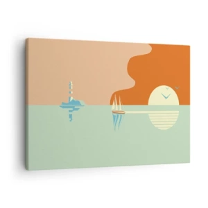 Tablou pe pânză Canvas - Un peisaj marin minimalist cu o barcă cu pânze și un apus de soare - 70x50cm - Peisaj marin perfect - Decorațiune modernă pentru perete pentru living și dormitor ARTTOR