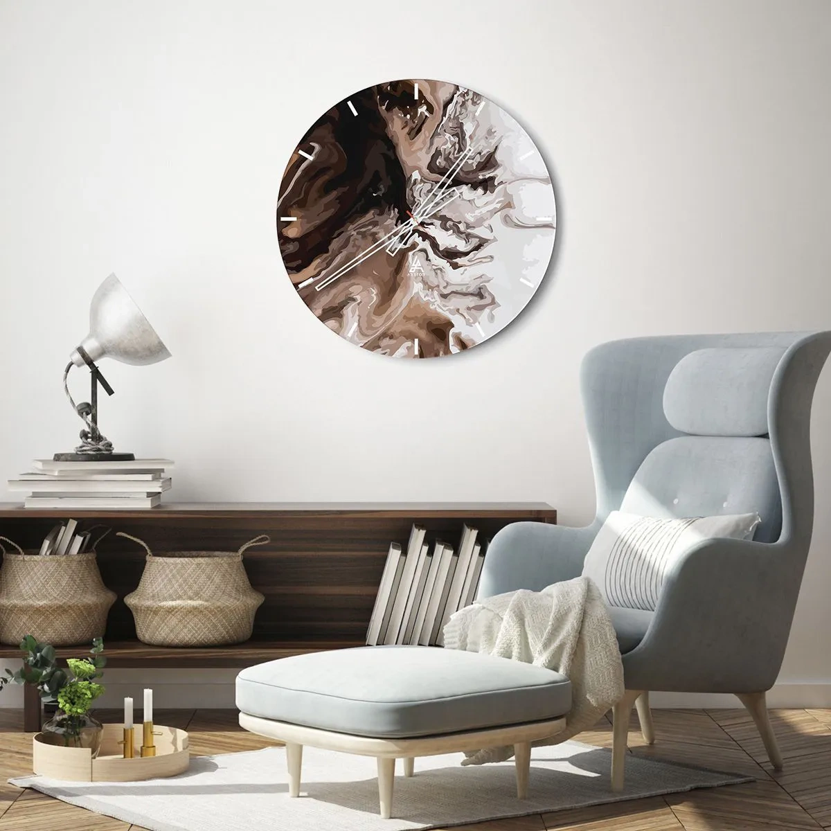 Ceas de perete - Ceas pe sticlă - Un model abstract dinamic în nuanțe de maro și alb. - 30x30cm - Cadrilul culorilor - Decorațiune modernă pentru perete pentru living, bucătărie și dormitor ARTTOR