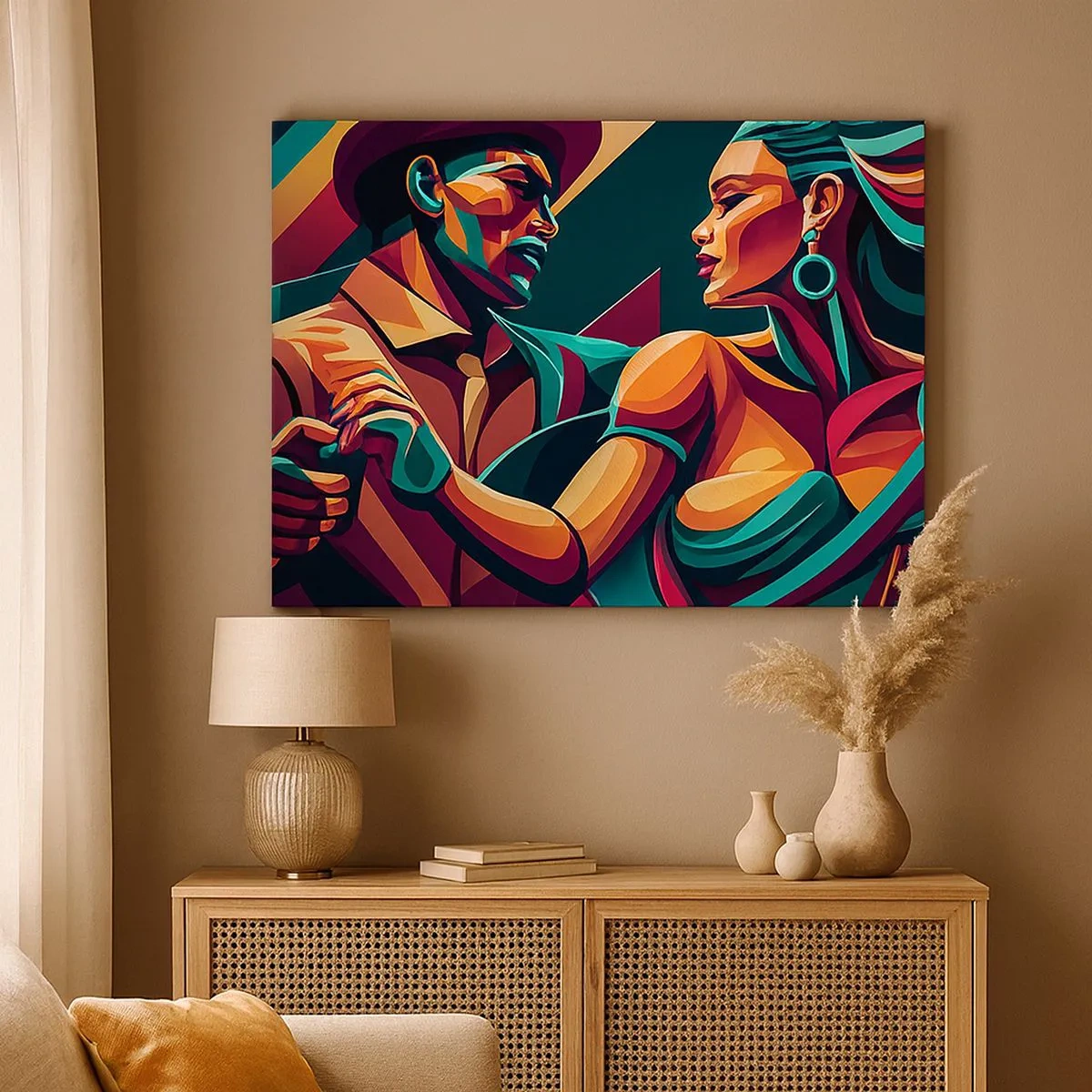 Tablou pe pânză Canvas - Un cuplu stilizat dansând în culori vibrante, geometrice. - 70x50cm - În ritmul inimii - Decorațiune modernă pentru perete pentru living și dormitor ARTTOR