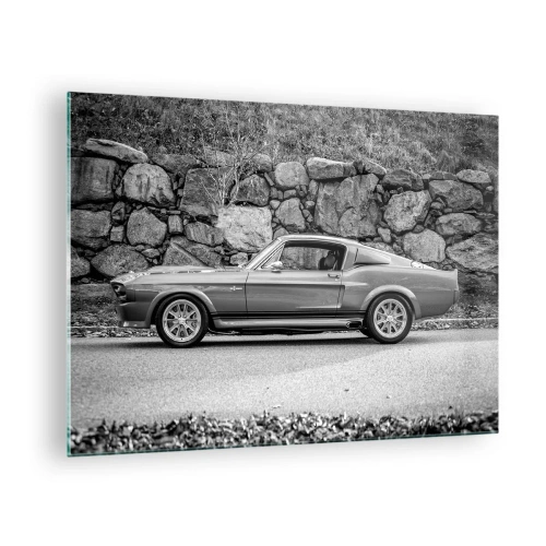 Tablou pe sticlă - O mașină clasică lipită de un zid de piatră - 70x50cm - Legenda anilor '60. - Decorațiune modernă pentru perete pentru living și dormitor ARTTOR