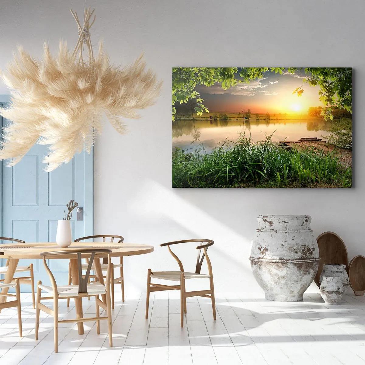 Tablou pe pânză Canvas - Peisaj verde cu un lac la apus - 70x50cm - Peisaj într-un cadru verde - Decorațiune modernă pentru perete pentru living și dormitor ARTTOR