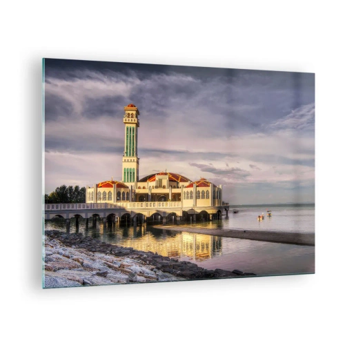 Tablou pe sticlă - Moschee pe apă într-o lumină pitorească - 70x50cm - Un templu al naturii - Decorațiune modernă pentru perete pentru living și dormitor ARTTOR