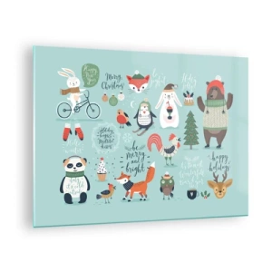 Tablou pe sticlă - Ilustrații cu animale de Crăciun pe fundal pastel - 70x50cm - Să nu se termine niciodată Crăciunul! - Decorațiune modernă pentru perete pentru living și dormitor ARTTOR