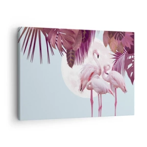 Tablou pe pânză Canvas - Flamingo roz pe fundalul lunii și al frunzelor tropicale - 70x50cm - Harul a trei păsări - Decorațiune modernă pentru perete pentru living și dormitor ARTTOR
