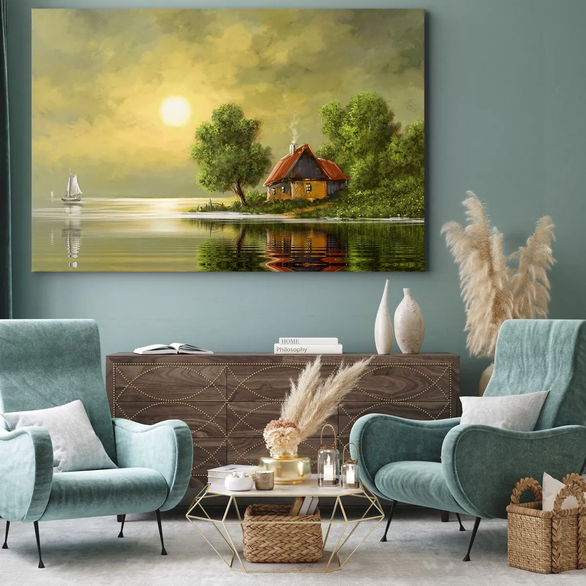 Tablou pe pânză Canvas - Casă de la lac în lumina apusului - 70x50cm - Frumos, ca dintr-o imagine - Decorațiune modernă pentru perete pentru living și dormitor ARTTOR