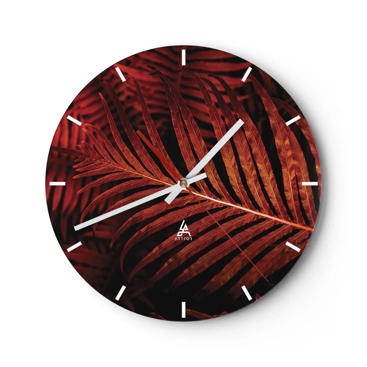 Ceas de perete - Ceas pe sticlă - Frunze roșu-portocalii ale unei plante tropicale pe un fundal întunecat - 30x30cm - Ardoarea vieții - Decorațiune modernă pentru perete pentru living, bucătărie și dormitor ARTTOR