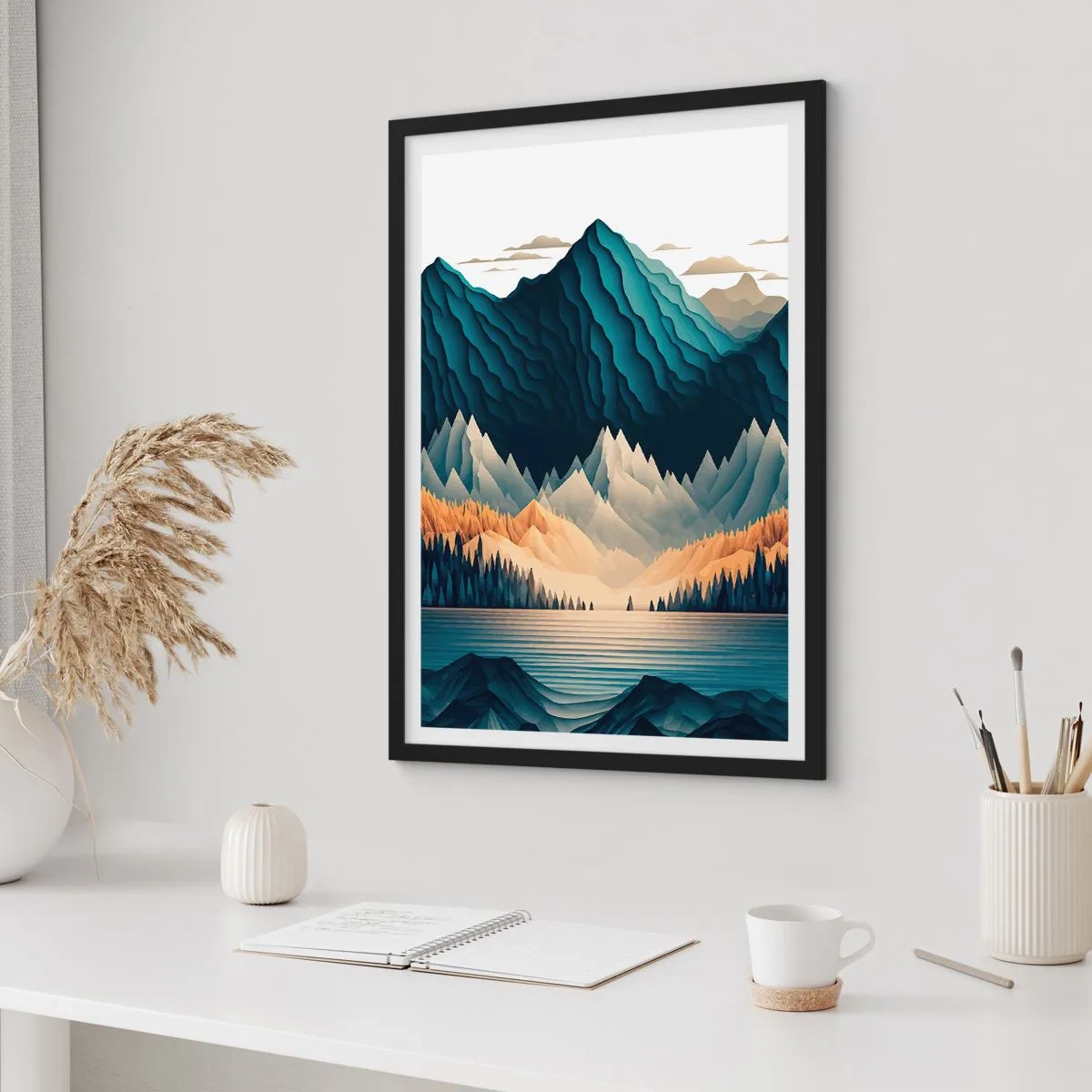 Poster în ramă neagră - Peisaj montan stilizat cu un lac în nuanțe de albastru - 50x70cm - Peisaj montan perfect - Decorațiune modernă pentru perete pentru living și dormitor ARTTOR