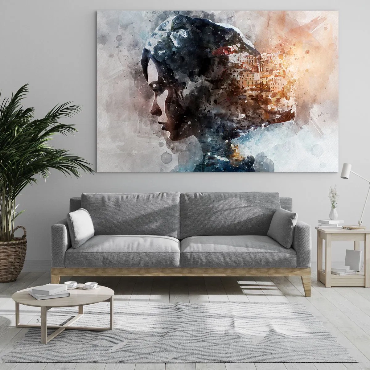 Tablou pe sticlă - Profilul unei femei în stil acuarelă, cu un oraș în fundal. - 70x50cm - Povestea unei fete cu un oraș în fundal - Decorațiune modernă pentru perete pentru living și dormitor ARTTOR