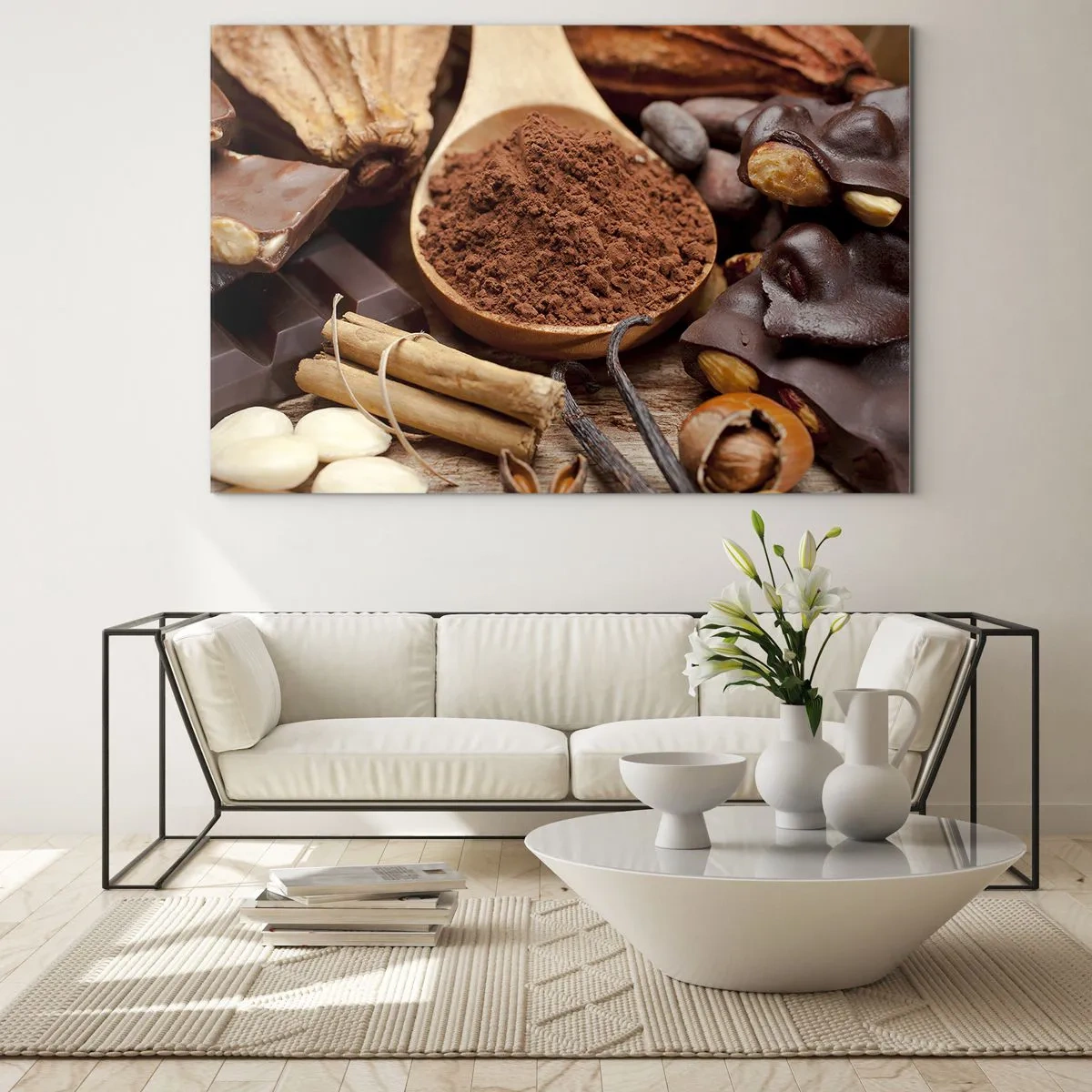 Tablou pe sticlă - O lingură de cacao înconjurată de ciocolată, condimente și nuci - 70x50cm - Cea mai bună pentru tristețe - Decorațiune modernă pentru perete pentru living și dormitor ARTTOR