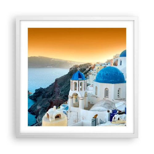 Poster în ramă albă - Santorini - îmbrățișat de stânci - 50x50 cm