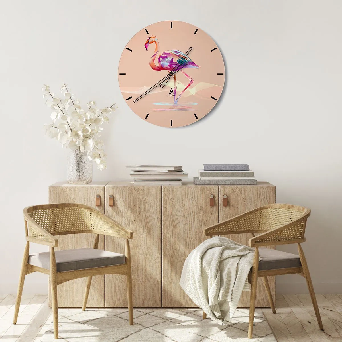 Ceas de perete - Ceas pe sticlă - Flamingo cu model geometric pe fundal bej - 30x30cm - Pasăre de emoție bună - Decorațiune modernă pentru perete pentru living, bucătărie și dormitor ARTTOR