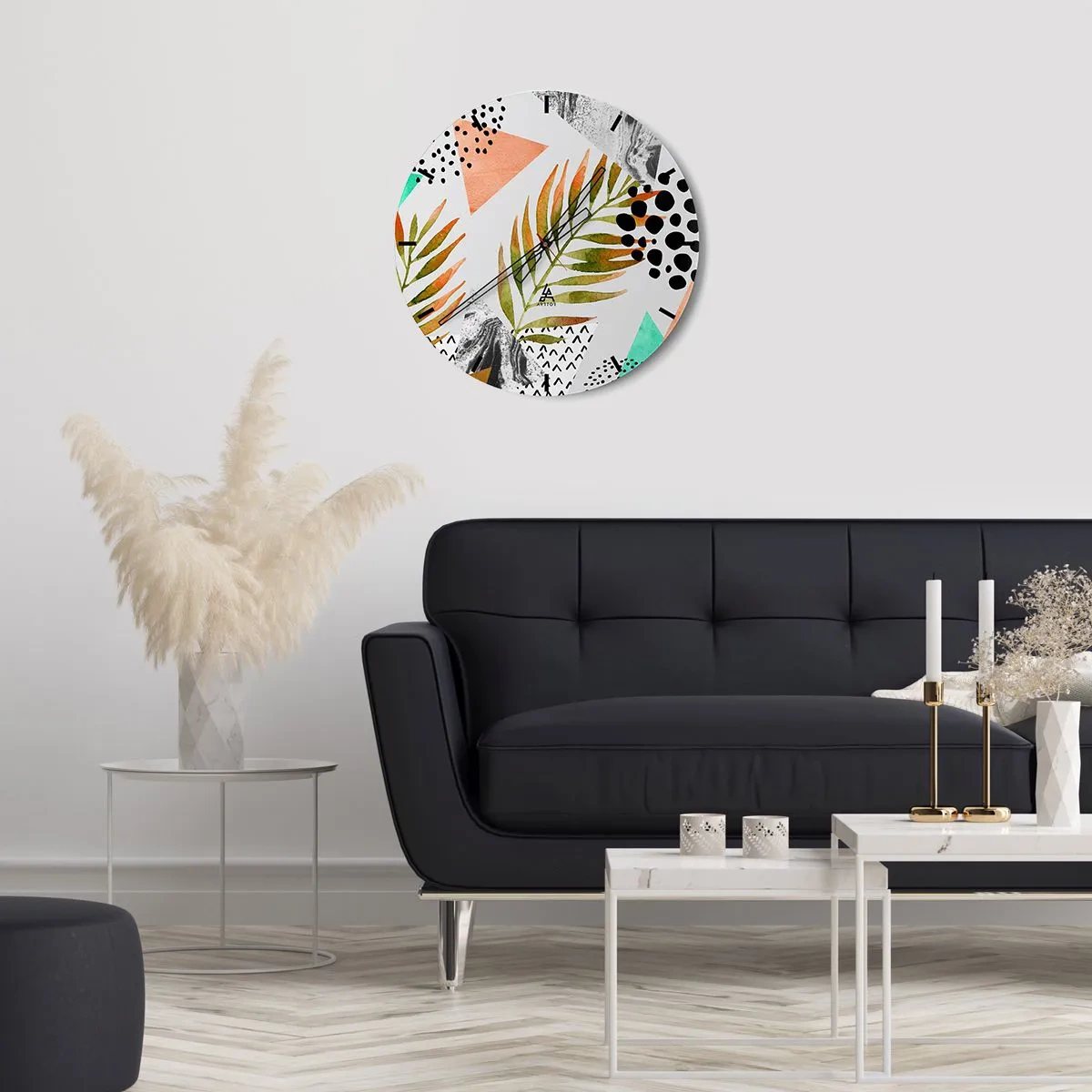 Ceas de perete - Ceas pe sticlă - Geometrie și frunze în stil acuarelă - 30x30cm - Decorațiuni cu frunze de palmier - Decorațiune modernă pentru perete pentru living, bucătărie și dormitor ARTTOR