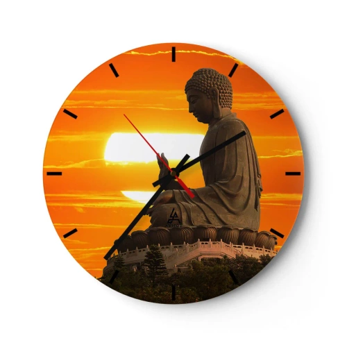 Ceas de perete - Ceas pe sticlă - O statuie a lui Buddha pe fundalul unui apus de soare intens în culori calde. - 30x30cm - Fără frică de lume - Decorațiune modernă pentru perete pentru living, bucătărie și dormitor ARTTOR