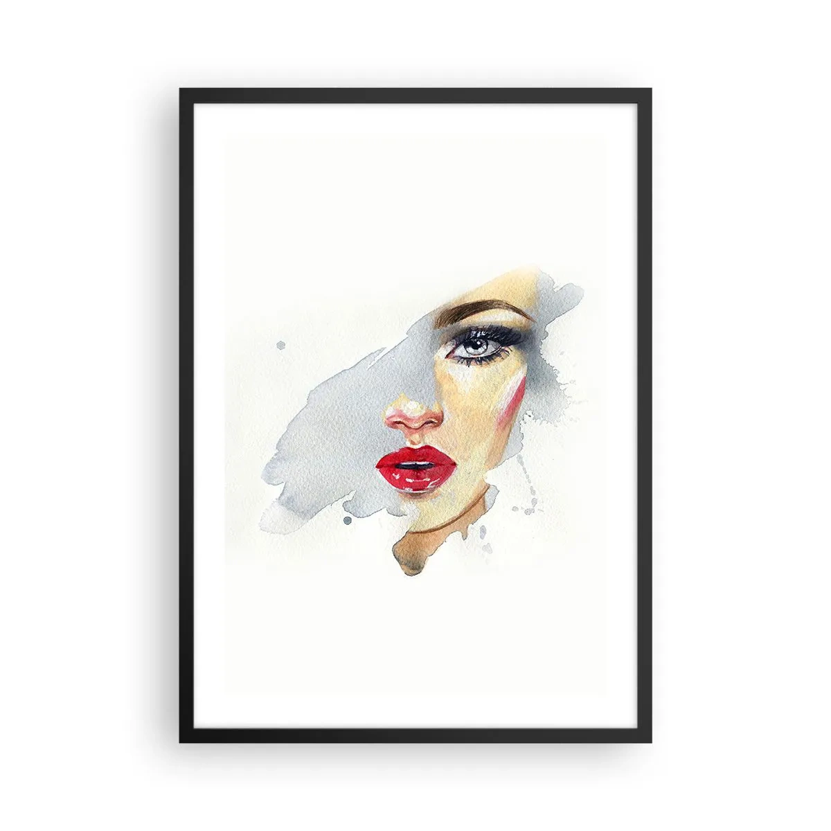 Poster în ramă neagră - Portret în acuarelă al unei femei cu buze roșii - 50x70cm - Reflecție într-o picătură de apă - Decorațiune modernă pentru perete pentru living și dormitor ARTTOR