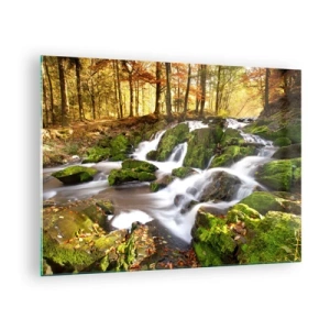 Tablou pe sticlă - Un pârâu de pădure cu cascade într-un peisaj de toamnă - 70x50cm - Repede prin pădure de toamnă - Decorațiune modernă pentru perete pentru living și dormitor ARTTOR