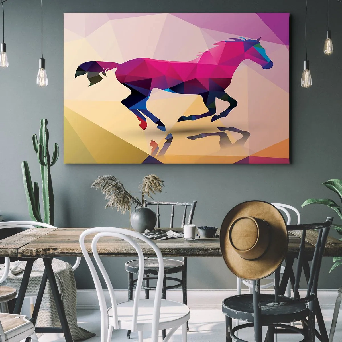 Tablou pe pânză Canvas - Siluetă geometrică a unui cal în galop în culori vibrante - 70x50cm - Cubismul mai trăiește - Decorațiune modernă pentru perete pentru living și dormitor ARTTOR