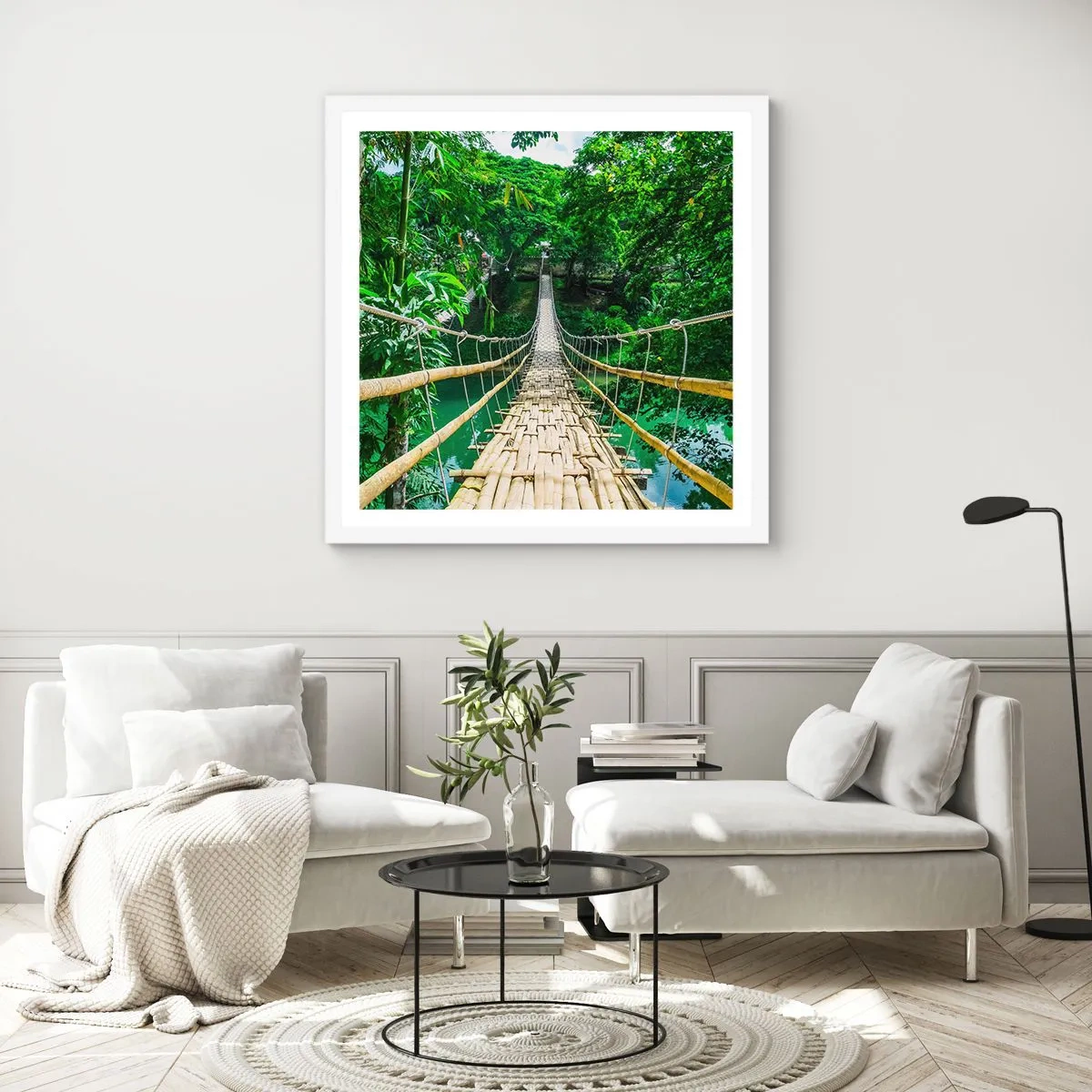 Poster în ramă albă - Pod de maimuțe peste verdeață - 50x50 cm