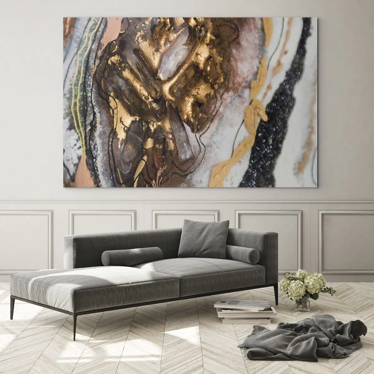 Tablou pe sticlă - O pictură abstractă în nuanțe de auriu, maro și alb, cu o textură minerală. - 70x50cm - Elementul pământ - Decorațiune modernă pentru perete pentru living și dormitor ARTTOR