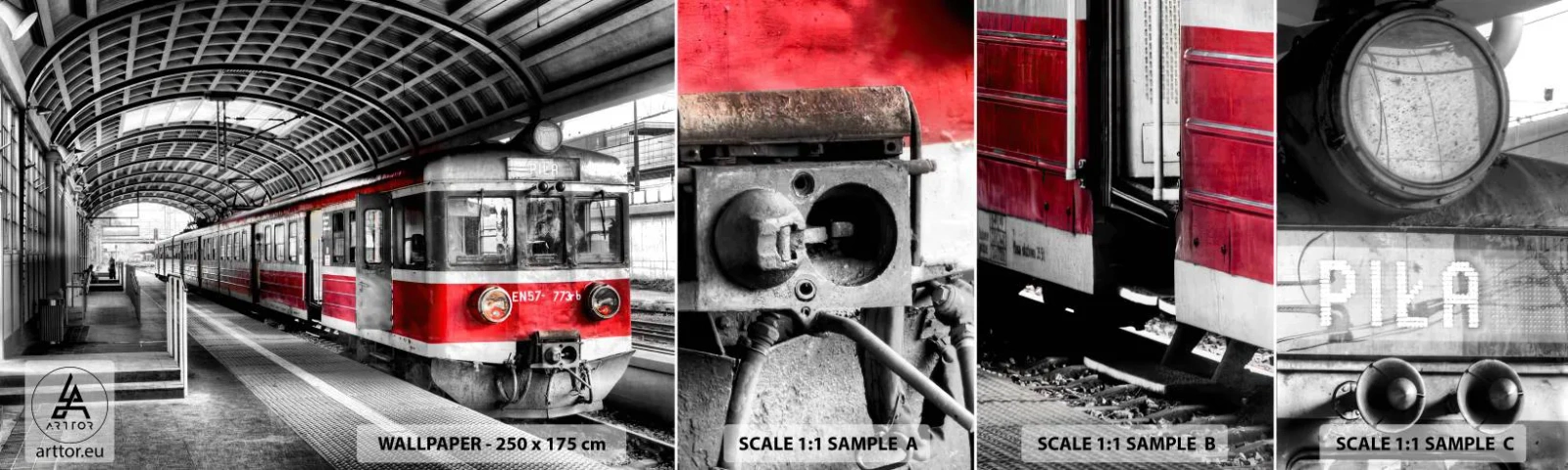 Mostră de Tapet Standard Eco - Poate este o călătorie de o viață? - Tren de pasageri, Gară, Platformă - 100x30 cm