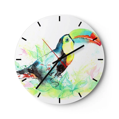 Ceas de perete - Ceas pe sticlă - Toucan pe un fundal de frunze tropicale în culori de acuarelă - 30x30cm - Colorată ca America de Sud - Decorațiune modernă pentru perete pentru living, bucătărie și dormitor ARTTOR
