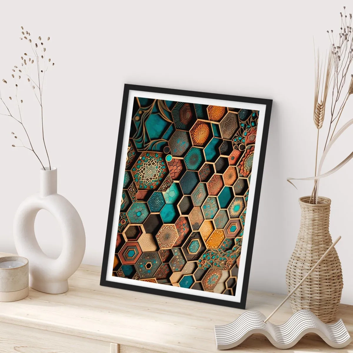 Poster în ramă neagră - O compoziție geometrică de hexagoane într-o paletă de auriu și turcoaz. - 50x70cm - Ornamente arabe - o variație - Decorațiune modernă pentru perete pentru living și dormitor ARTTOR