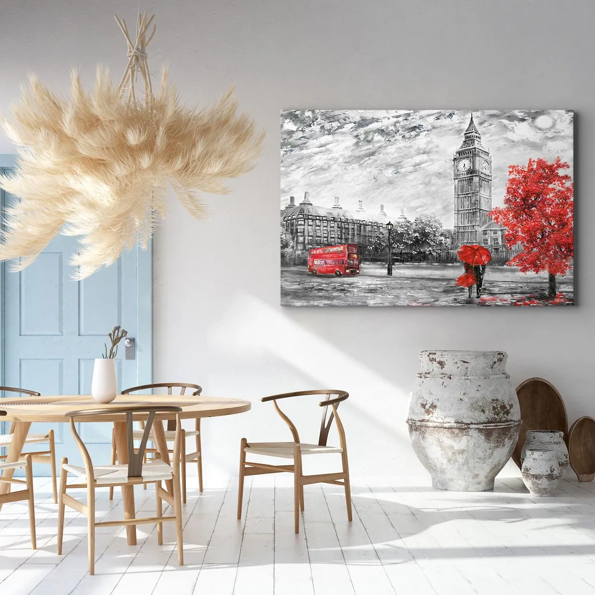 Tablou pe pânză Canvas - Vedere emblematică a Londrei cu Big Ben, un autobuz roșu și o umbrelă - 70x50cm - O zi excitantă - Decorațiune modernă pentru perete pentru living și dormitor ARTTOR