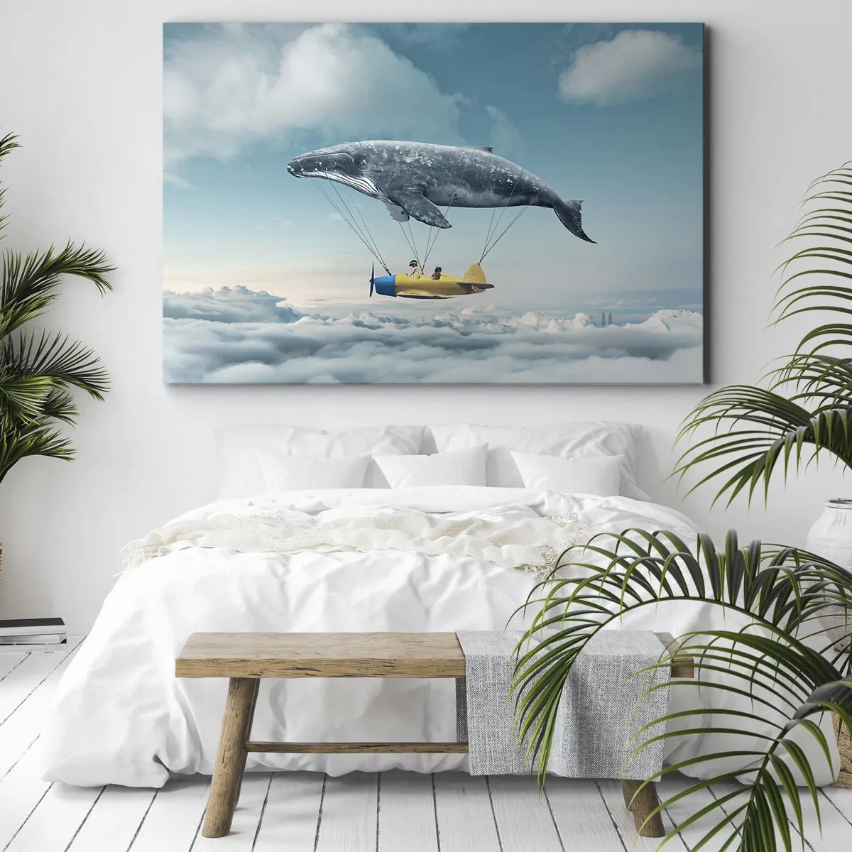 Tablou pe pânză Canvas - O balenă zburătoare poartă un avion într-un decor suprarealist. - 70x50cm - De ce nu? - Decorațiune modernă pentru perete pentru living și dormitor ARTTOR