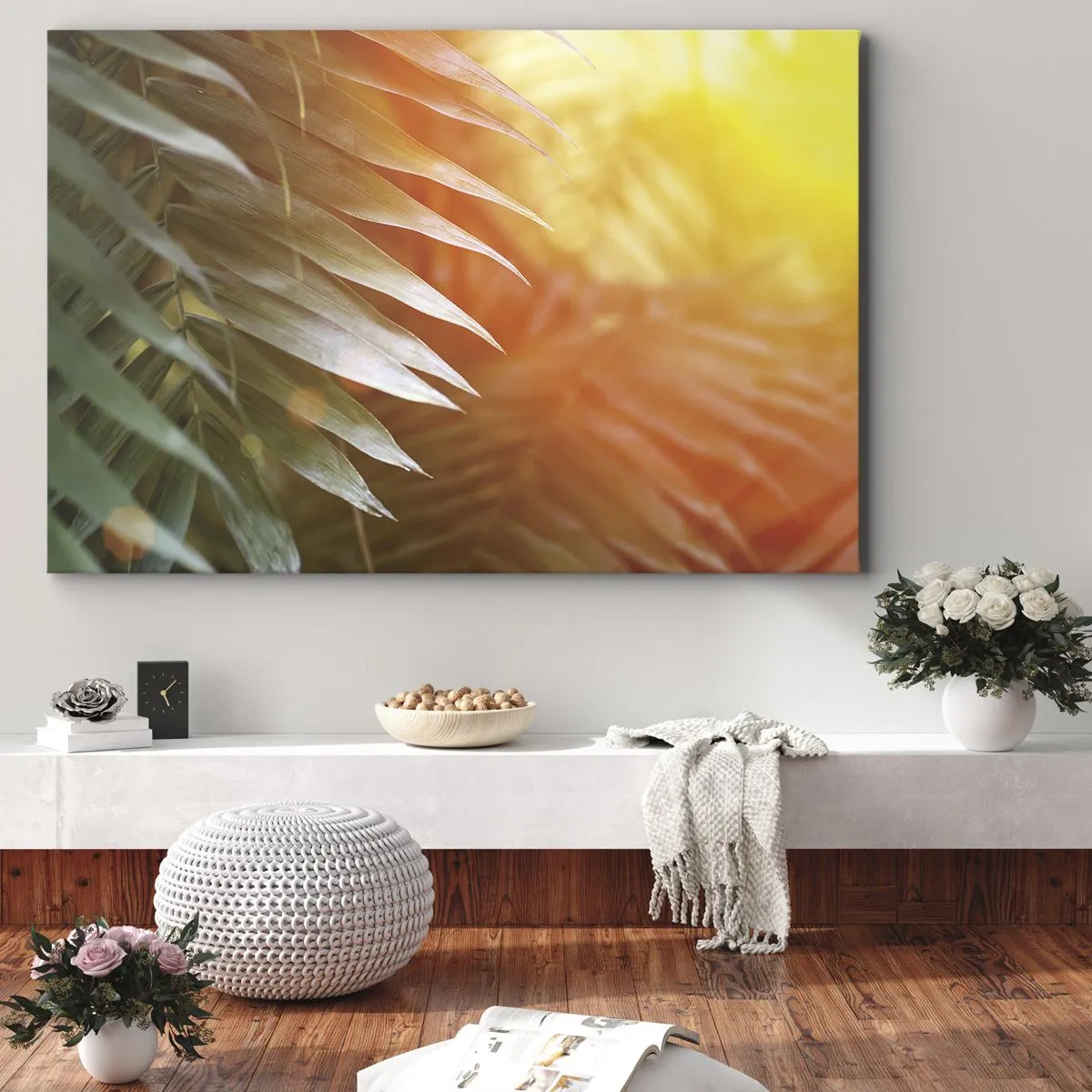 Tablou pe pânză Canvas - Frunze de palmier în razele apusului - 70x50cm - Dimineață în junglă - Decorațiune modernă pentru perete pentru living și dormitor ARTTOR