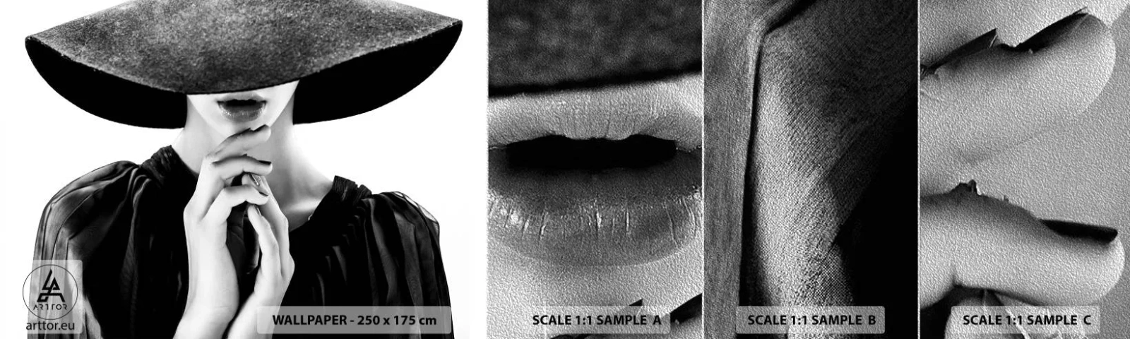 Mostră tapet Premium Sand - Frumusețea ascunsă - Femeie În pălărie, Mâinile femeilor, Modă - 100x30 cm