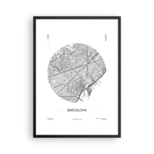 Poster în ramă neagră - O hartă minimalistă a Barcelonei, în alb și negru. - 50x70cm - Anatomia Barcelonei - Decorațiune modernă pentru perete pentru living și dormitor ARTTOR