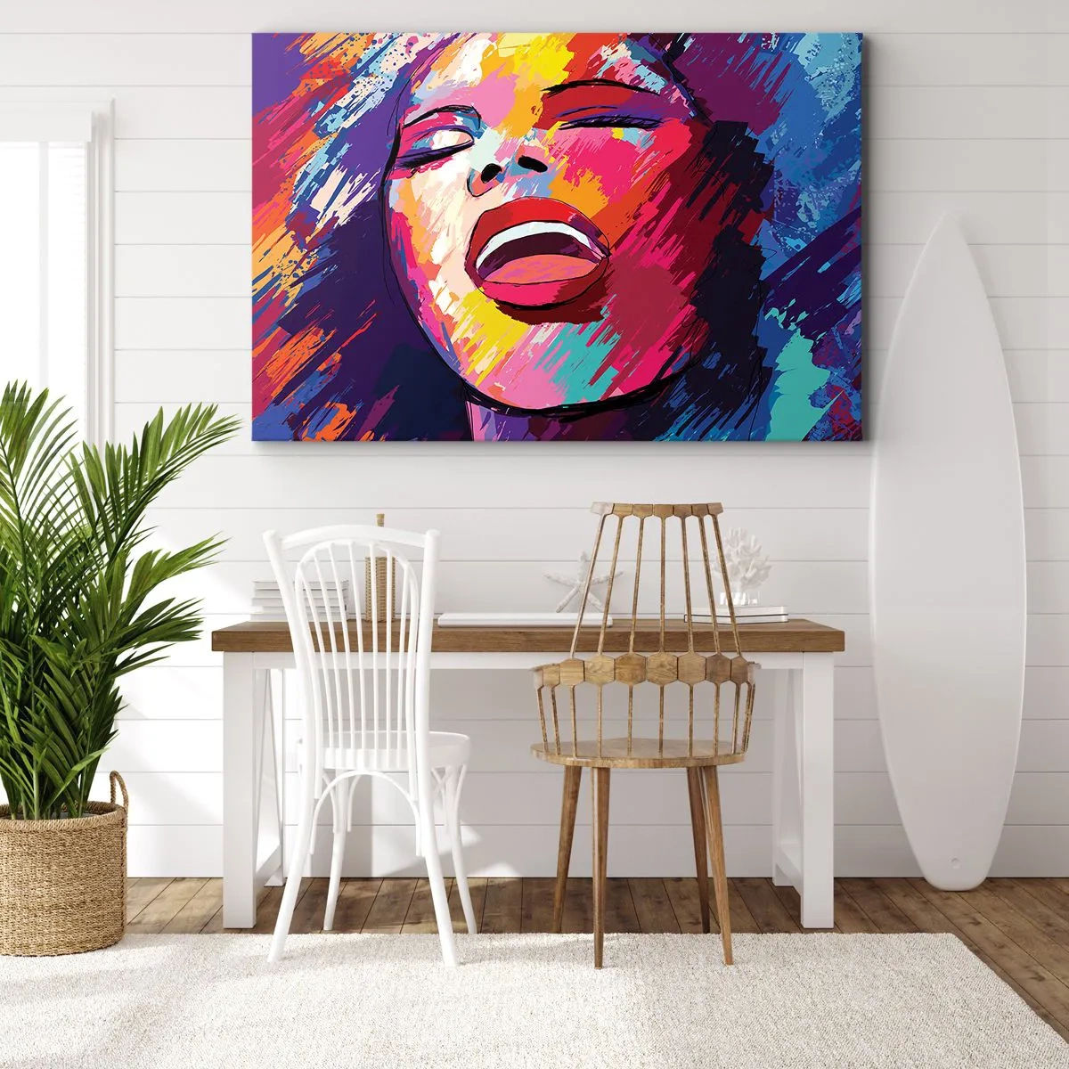 Tablou pe pânză Canvas - Portret abstract al unei femei în culori vii - 70x50cm - Cântă toată viața - Decorațiune modernă pentru perete pentru living și dormitor ARTTOR