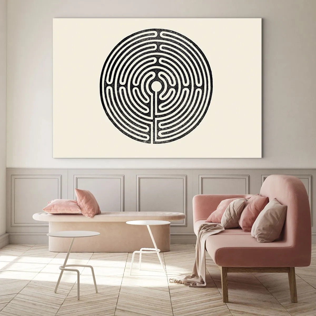 Tablou pe sticlă - Un labirint alb-negru, în formă circulară, pe un fundal deschis. - 70x50cm - Ordine secretă - Decorațiune modernă pentru perete pentru living și dormitor ARTTOR