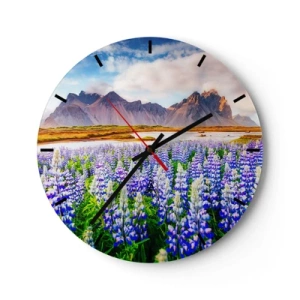 Ceas de perete - Ceas pe sticlă - Peisaj cu câmpuri de flori și munți în fundal - 30x30cm - Putere și severitate alături de blândețe - Decorațiune modernă pentru perete pentru living, bucătărie și dormitor ARTTOR