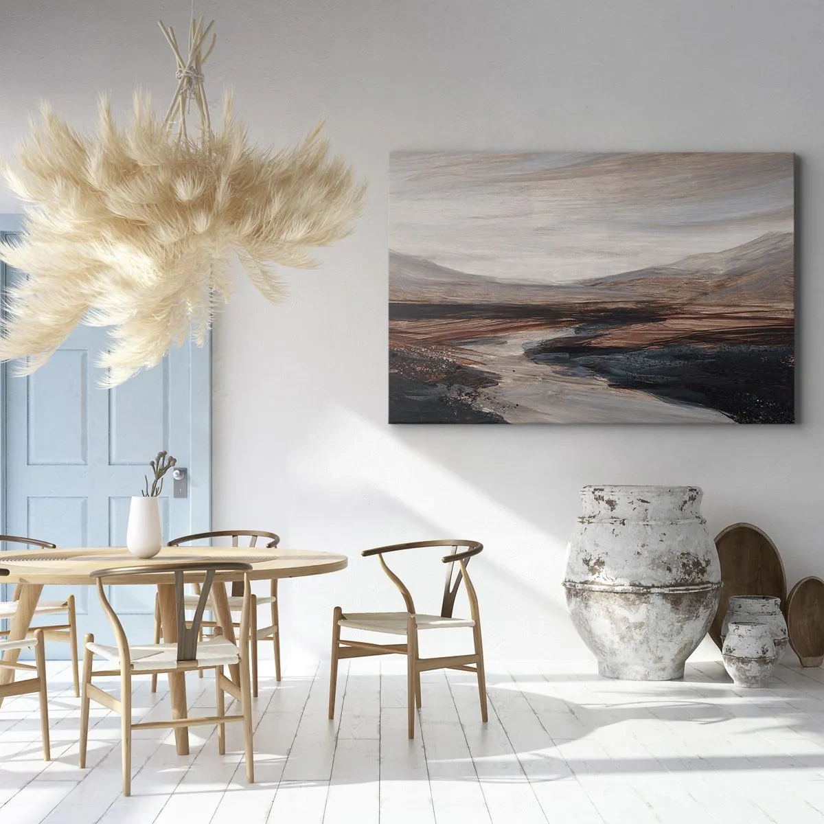 Tablou pe pânză Canvas - Un peisaj pitoresc cu un râu și munți - 70x50cm - Valea liniștită - Decorațiune modernă pentru perete pentru living și dormitor ARTTOR