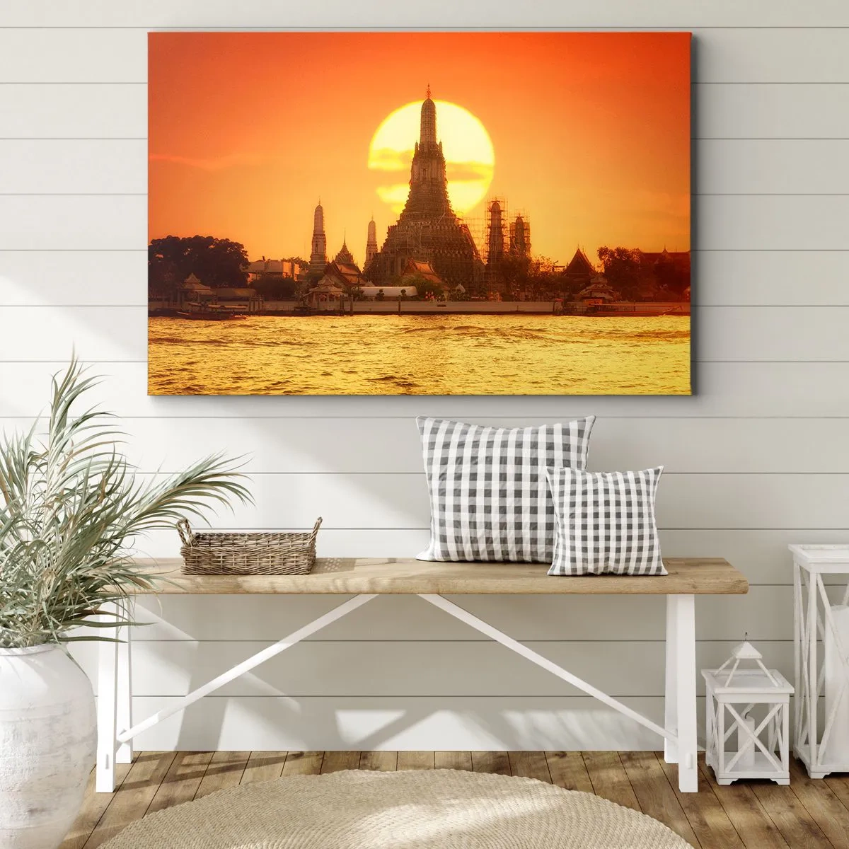Tablou pe pânză Canvas - Apus de soare peste templu cu reflexie în apă - 70x50cm - Spre soare, mereu spre soare - Decorațiune modernă pentru perete pentru living și dormitor ARTTOR