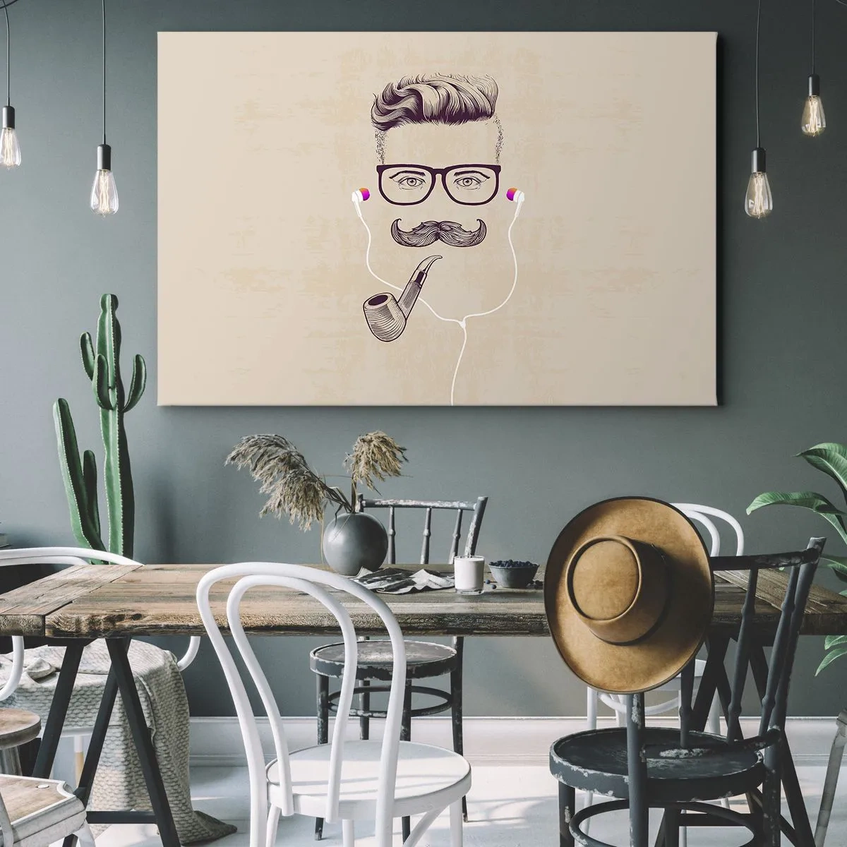Tablou pe pânză Canvas - Portret retro al unui bărbat cu o pipă, căști și ochelari - 70x50cm - Un bărbat adevărat? - Decorațiune modernă pentru perete pentru living și dormitor ARTTOR
