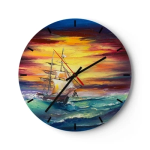 Ceas de perete - Ceas pe sticlă - O corabie cu pânze pe o mare furtunoasă la apus - 30x30cm - Înfruntând valurile - Decorațiune modernă pentru perete pentru living, bucătărie și dormitor ARTTOR