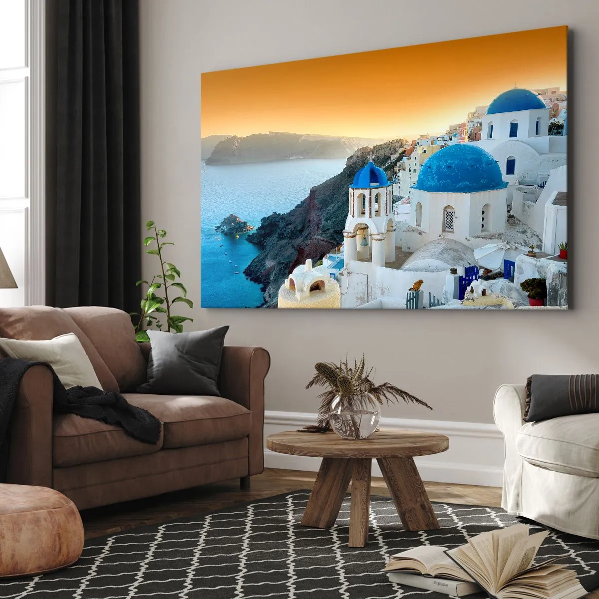 Tablou pe pânză Canvas - Vedere a orașului Santorini cu clădiri albe și mare albastră - 70x50cm - Santorini - îmbrățișat de stânci - Decorațiune modernă pentru perete pentru living și dormitor ARTTOR